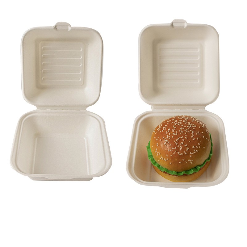 6 Inch Compostable Sugarcane Bagasse Pulp Biodegradable Burger Clamshell Takeout Box