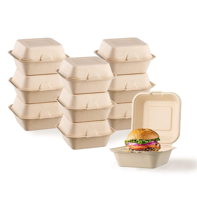 6 Inch Compostable Sugarcane Bagasse Pulp Biodegradable Burger Clamshell Takeout Box