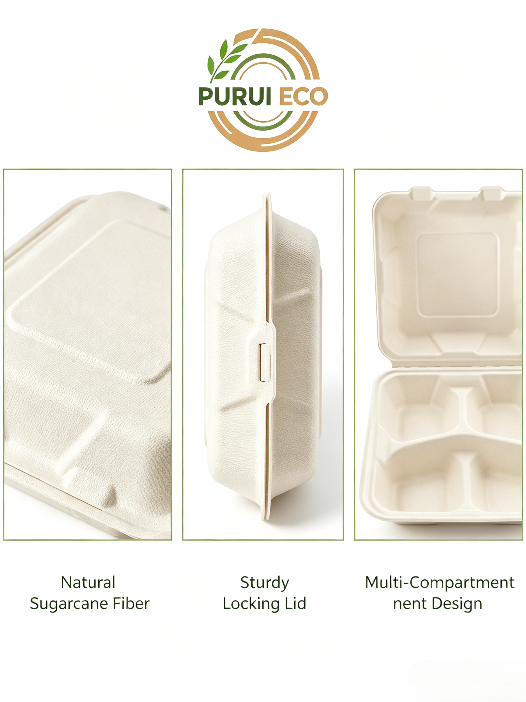 Compostable 3 Compartment Sugarcane Food Packaging Container