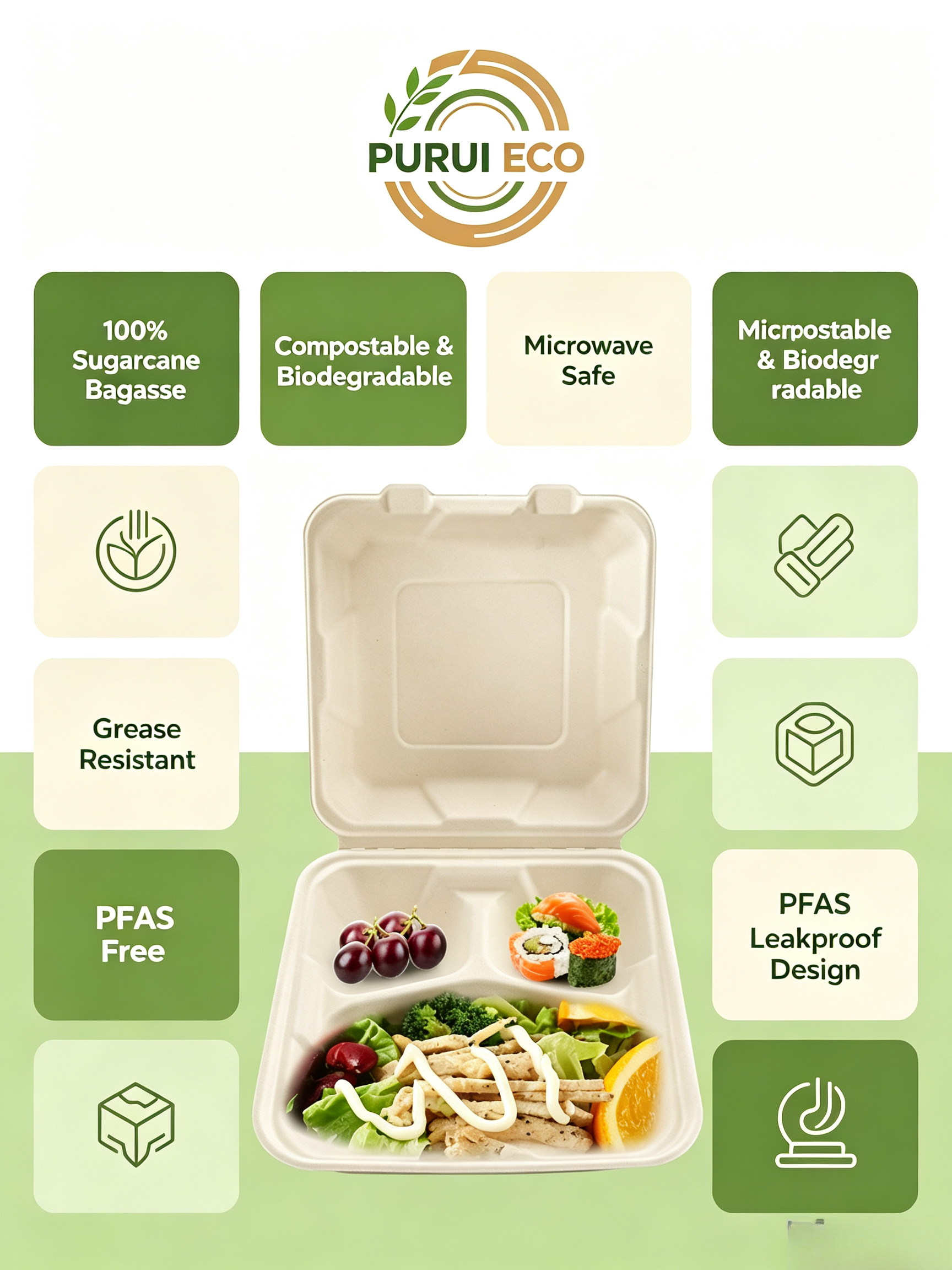 Compostable 3 Compartment Sugarcane Food Packaging Container