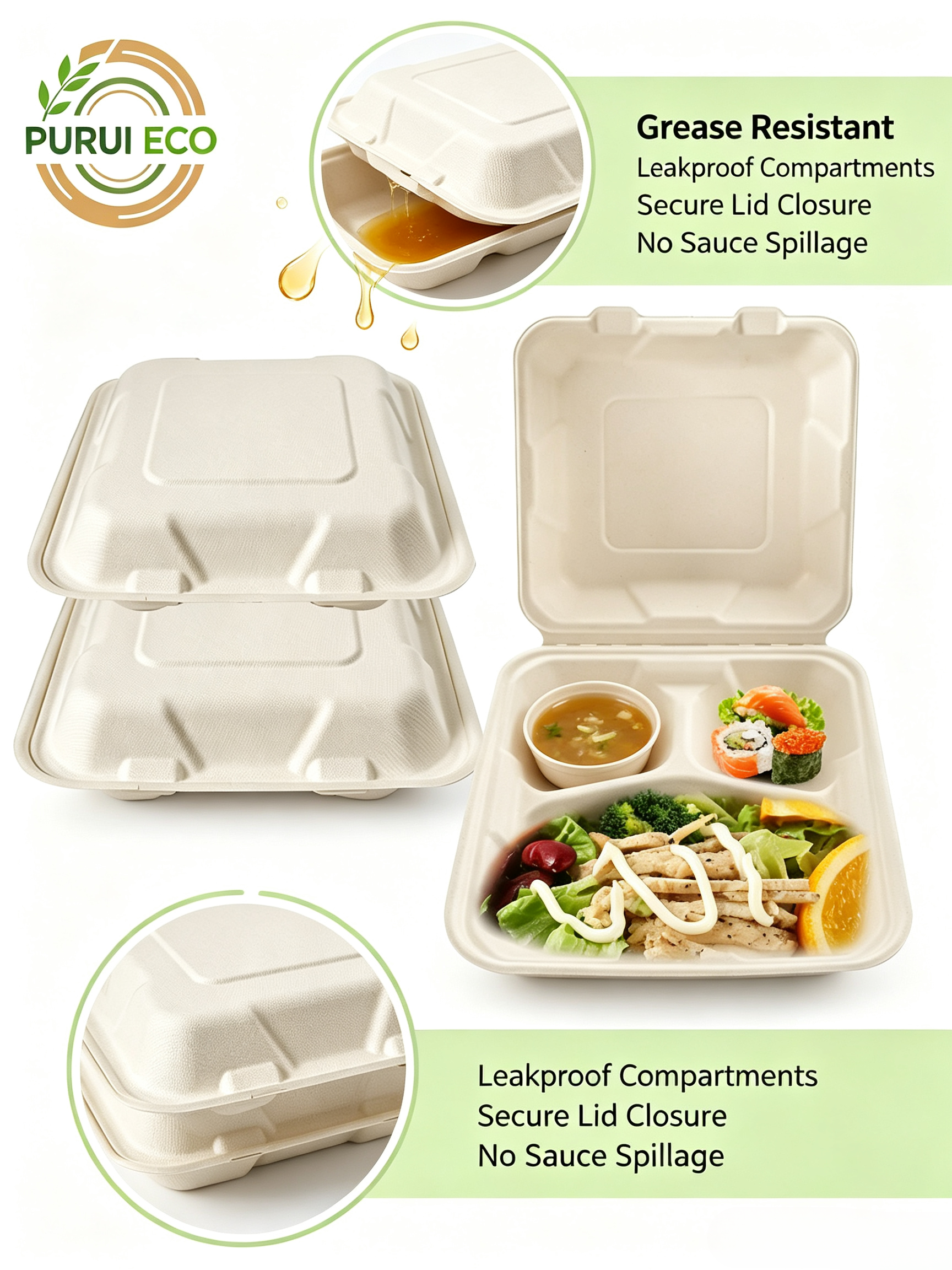 Compostable 3 Compartment Sugarcane Food Packaging Container